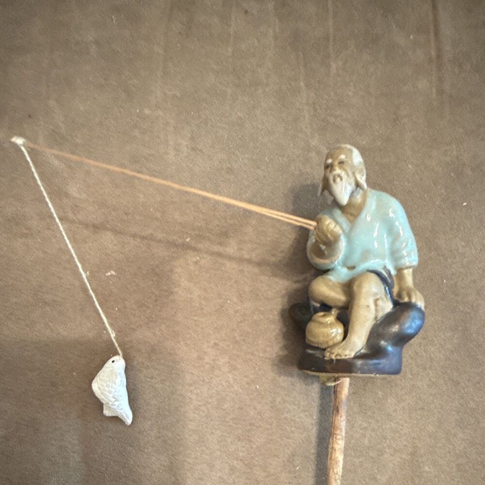 Chinese Handmade Ceramic Figurine Seated Man with Hat and Pot
